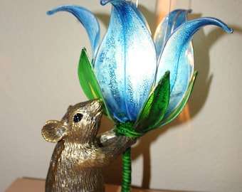 Unique  handmade table lamp with Golden mouse and blue bell flower on a wooden stand