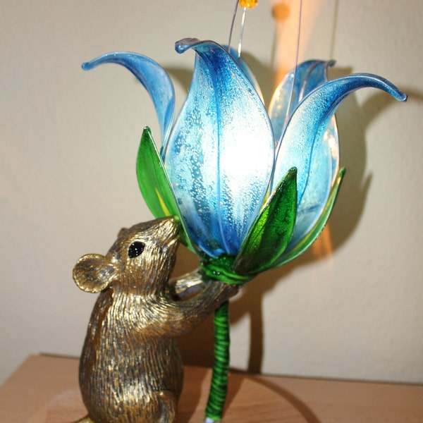 Unique  handmade table lamp with Golden mouse and blue bell flower on a wooden stand