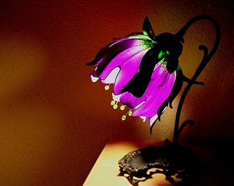 Table Lamp handmade  purple  tulips flower with vintage lamp base