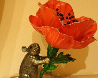 Table lamp mouse with red  poppy flower, flower table lamp, fairy lighting