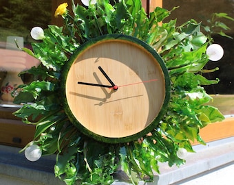 Large  bamboo wooden  decoration wall clock with dandelions and leaves
