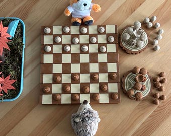 3D Printed Forest Chess Set: Mushroom Pieces, Woodland Log Design