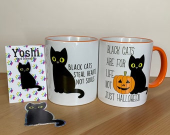 Black cat gift set  - 11oz Ceramic Mug plus 45mm Enamel Pin badge -  Coloured Handle & Rim