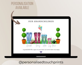 May include: Digital download of a personalized illustration featuring a family of six wearing rain boots and standing in a row. The illustration includes a small dog, a football, and a kite. The text "Our Grandchildren" is at the top of the illustration. The text "A grandchild fills a space in your heart you never knew was empty" is below the illustration. The text "@personalisedtouchprints" is at the bottom of the illustration.