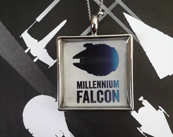 21mm Square Millennium Falcon black/blue silhoutte necklace