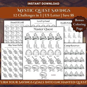 Paquete de seguimiento de ahorros inspirado en TTRPG, regalo para un compañero nerd, seguimiento de presupuesto en PDF imprimible, desafío de ahorro fácil para principiantes.