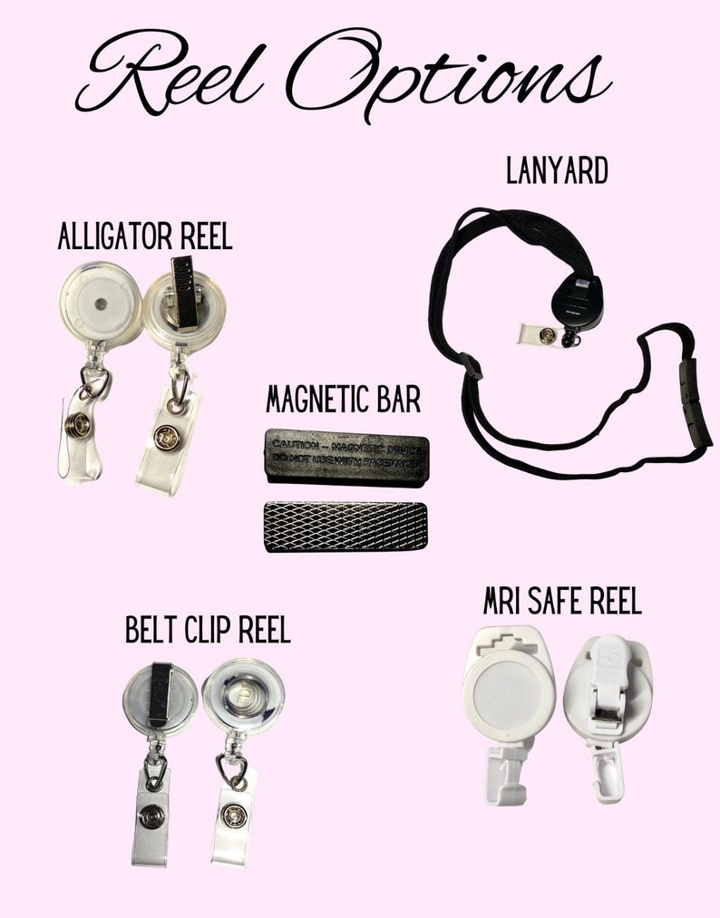 Puede incluir: Una variedad de opciones de carretes para insignias y llaves, que incluyen un carrete de cocodrilo, una barra magn&eacute;tica, un cord&oacute;n, un carrete de clip de cintur&oacute;n y un carrete seguro para MRI.