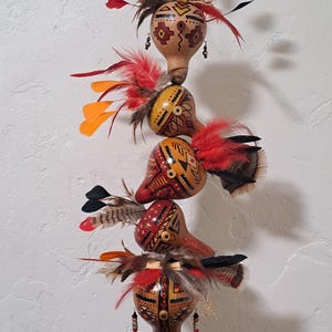 Gourd, Gourd Mask, Gourd Art, Gourd Collage, Totem Pole, by Award Winning Gourd Artist Patricia Carroll Sailors