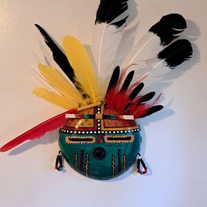 Gourd, Tawa Sun Kachina inspired Gourd Mask, Gourd Art, Southwest Art, by Award Winning Gourd Artist, Patricia Carroll Sailors