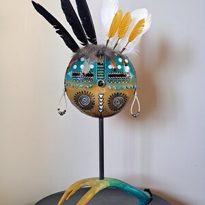 Gourd, Gourd Mask, on Antler Base, Gourd Art, Southwest Art, by Award Winning Gourd Artist, Patricia Carroll Sailors