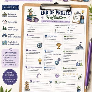 Puede incluir: Una hoja de trabajo imprimible de reflexión de fin de proyecto en un portapapeles, con secciones para detalles del proyecto, objetivos, desafíos, habilidades utilizadas y reflexiones finales. Incluye ilustraciones de libros, trofeos y bombillas.