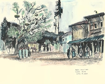 Watercolor Painting, Print from Original, Vlora City, Landscape Decor, Vlora 1948 from Edward Lear