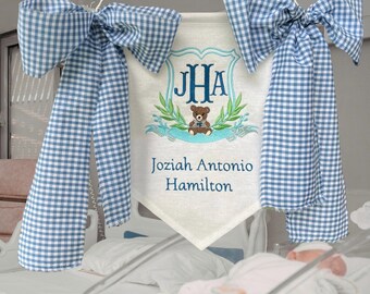 Custom Baby Name Hospital & Nursery Banner, Embroidered Monogram Baby Name Announcement Sign, Embroidered Birth Announcement Sign