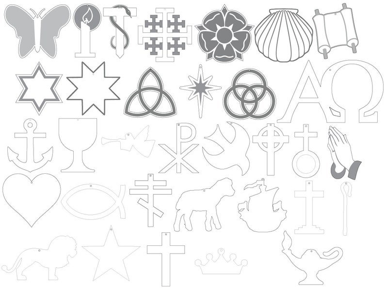 Może przedstawiać: Zbi&oacute;r 30 r&oacute;żnych symboli religijnych, w tym krzyż, gwiazda Dawida, gołąb, kielich, serce, ryba, korona, baranek, statek, ręka w modlitwie, świeca, motyl, zw&oacute;j, muszla, węzeł Tr&oacute;jcy Świętej, gwiazda, kotwica, lew, lampa i greckie litery Alfa i Omega. Symbole są wszystkie w czerni i bieli i są obwiedzione czernią.