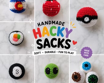 Handmade Crochet Hacky Sack | Alien, Colorado Flag, Sushi, 8-Ball, Poké, Strawberry, Eyeball