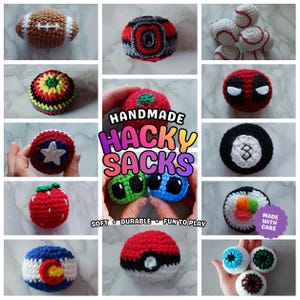 May include: A collection of handmade crochet hacky sacks featuring various designs including a football, baseballs, a red and black character mask, a star shield, a strawberry, an eight ball, a sushi roll, a pokeball, and colorful eye-like spheres.