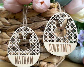 Rattan Easter Wood Tag, Personalized Easter Basket Tag, Easter Name Tag Decor, Wooden Bunny Tag, Custom Name Tag