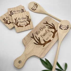 Personalized Antler Cutting Board Wood Laser Engraved Cutting Board Wedding House Warming Gift Christmas Rustic Farmhouse Deer Hunting Gifts