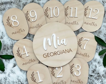 Baby Milestone Personalized Wood Disc Acrylic Custom Milestone Marker Monthly Photo Props Monthly Milestone Baby Sign Disc Layered Baby Tags