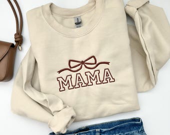 Mama Bow Embroidered Crewneck Sweatshirt, Mama Sweatshirt, Personalized Crewneck Sweater, Embroidered Bow Mom Crewneck, Mothers Day Gift