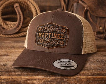 Gorra de camionero con parche de cuero personalizado, snapback con nombre grabado, sombrero de vaquero occidental, regalo para papá, esposo o novio, gorra de malla personalizada