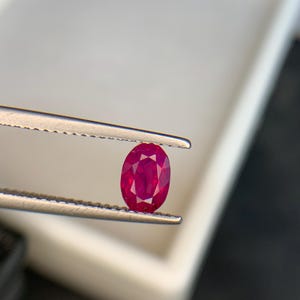 Puede incluir: Una gema de rubí de corte ovalado con un color rojo intenso y una superficie facetada. La piedra preciosa se sostiene de forma segura entre las puntas metálicas dentadas de unas pinzas plateadas, mostrando su claridad y brillo.