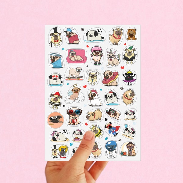 Pug Sticker Sheet Matte Paper Sticker Pack For Planner Mini Dog Scrapbook Stickers Cute Pet Sticker Laptop Stationary Decal Pug Lover Gift
