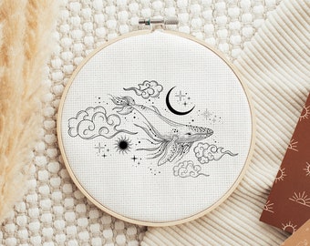 Digital PDF Whale Cresent Moon Mystical Hand Embroidery Pattern Coloring Book