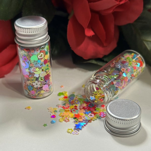Rainbow Glitter Confetti Hearts, Flowers, and Stars Shapes for Shaker Cards, Nail Art, Resin, Slime, Party Decorations, DIY
