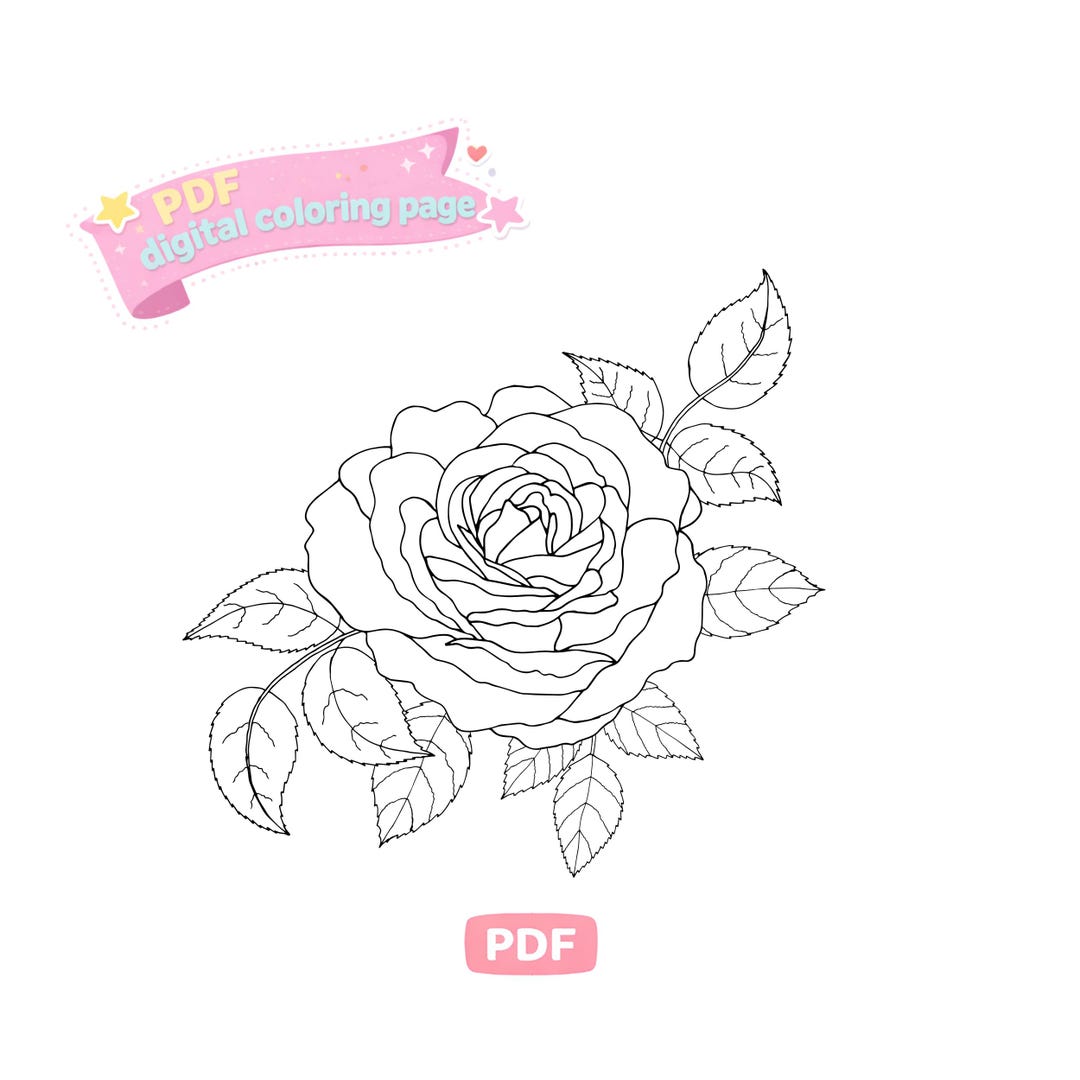 Digital PDF Rose and Leaves Coloring Book Page - Etsy