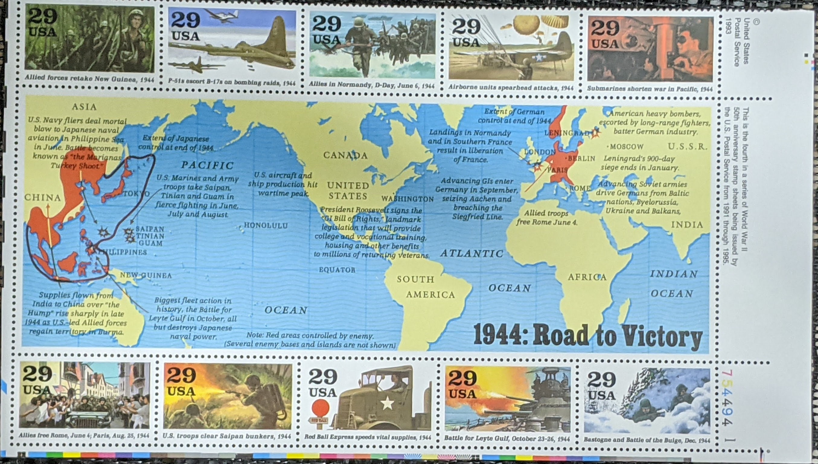 1993年 29セント切手 1944年 勝利への道 フルシート U.S. スコット