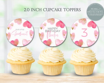 Our Little Sweetheart Birthday Cupcake Toppers Printable February Birthday Party Cupcake Toppers Pink and Hearts Valentine's Day 308