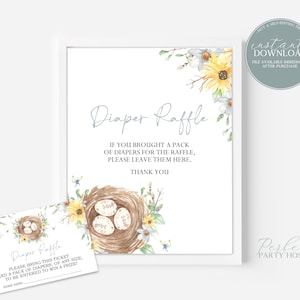 Billets de tombola pour baby shower oiseau et enseigne, billets de tombola de couches, billets de tombola de couches prêtes à éclore, baby shower de printemps téléchargement immédiat 248