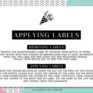 May include: A white card with instructions for applying and removing labels. The text includes steps for soaking a wine bottle, removing the label, and applying a new one. The card has a black and white chevron pattern and a teal and pink border.