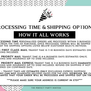 May include: A white information sheet with black text detailing processing times and shipping options. It includes transit times for USPS First Class Mail, Priority Mail, and Priority Mail Express. A decorative black and white pattern borders the text.