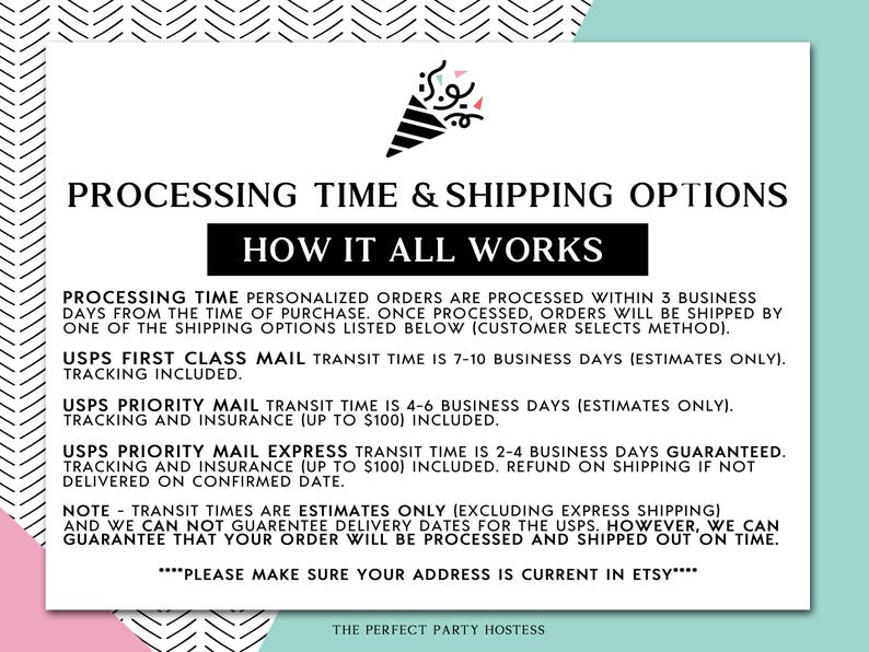 May include: A white information sheet with black text detailing processing times and shipping options. It includes transit times for USPS First Class Mail, Priority Mail, and Priority Mail Express. A decorative black and white pattern borders the text.