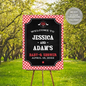 Baby-Q Welcome Sign, BBQ Couples Baby Shower Welcome Sign, BBQ Baby Shower, BBQ Baby Shower Welcome Sign, Red Gingham, 118