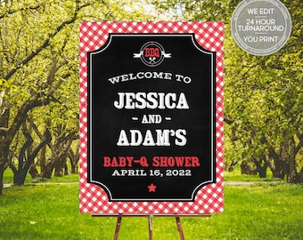 Baby-Q Welcome Sign, BBQ Couples Baby Shower Welcome Sign, BBQ Baby Shower, BBQ Baby Shower Welcome Sign, Red Gingham, 118
