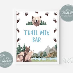 Trail Mix Bar Sign, Bear Party Printable Bear Wild One Birthday Party Boy Birthday Woodland Bear Trail Mix Bar Printable Sign 334