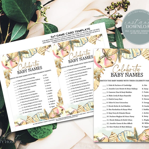 Celebrity Baby Name Game, Guess the Celebrity Baby Name, Printable Games, Baby Shower games, Seashell Baby Shower, Gender Neutral, 124