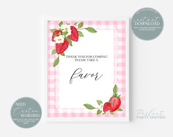 Strawberry Birthday Party Favor Sign Summer Birthday Party Printable Sign Favor Sign Strawberry Gingham Instant Download 320