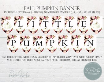Op de afbeelding: Herfst pompoenbanner met witte letters en pompoenen op een bordeauxrode en roze bloemenachtergrond. De banner bevat letters A-Z, cijfers 0-9 en symbolen. De tekst op de banner luidt "FALL PUMPKIN BANNER" en "LITTLE PUMPKIN".