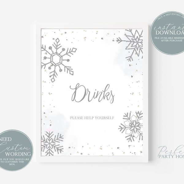 Snowflake Drink Sign, Snow in Love Drink Sign Snowflake Drink Table Printable Drinks Table Shower Signs Winter Shower Instant Download 301