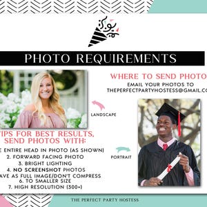 May include: A promotional graphic with the text "PHOTO REQUIREMENTS" and "WHERE TO SEND PHOTOS". It includes two example photos, one landscape and one portrait, and tips for photo submissions. The background is white with black and pink accents.