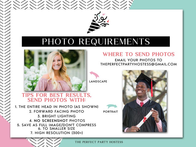 May include: A promotional graphic with the text "PHOTO REQUIREMENTS" and "WHERE TO SEND PHOTOS". It includes two example photos, one landscape and one portrait, and tips for photo submissions. The background is white with black and pink accents.