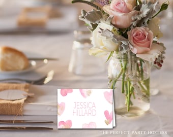 Marque-places Shower nuptiale, Étiquettes alimentaires Shower nuptiale, Marque-places Saint-Valentin, Cartes tente coeurs roses, Étiquettes buffet, Cartes tente 308