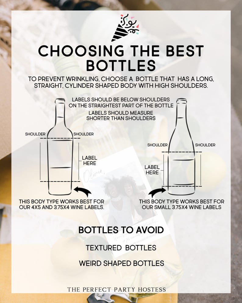 May include: An informative guide on wine bottles, titled "Choosing the Best Bottles". It features diagrams of bottle shapes, advising on the best types for labels. It also lists bottles to avoid, such as textured ones.