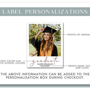 May include: A graduation announcement design with a photo of a graduate in a cap and gown. The announcement includes the graduate's name, school, and class year. The word "graduate" is written in a script font. The design allows for personalization.
