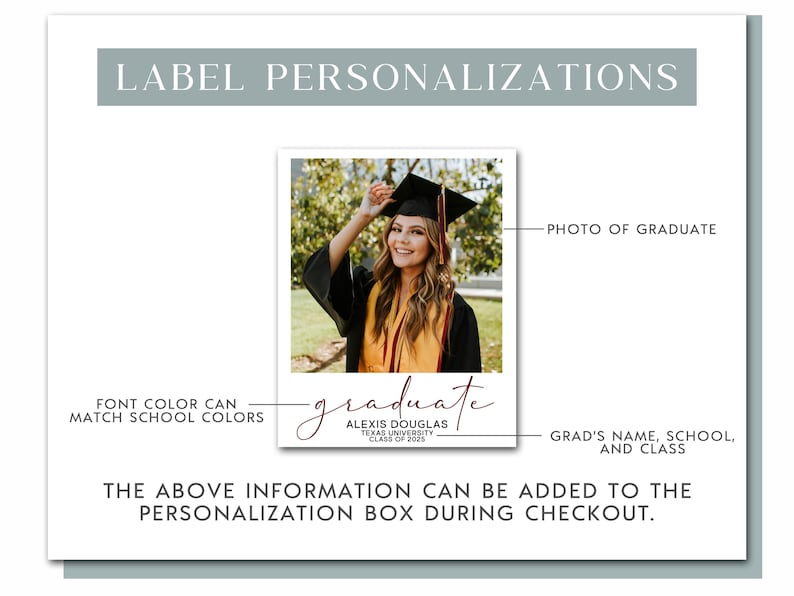 May include: A graduation announcement design with a photo of a graduate in a cap and gown. The announcement includes the graduate's name, school, and class year. The word "graduate" is written in a script font. The design allows for personalization.