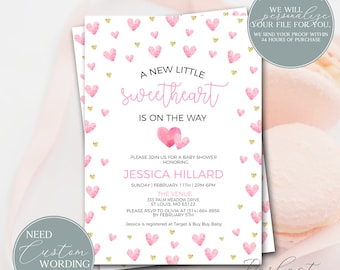 A Little Sweetheart is on the Way Baby Shower Invitation, Valentine's Day Baby Shower Invite, Pink Hearts and Gold Glitter 348